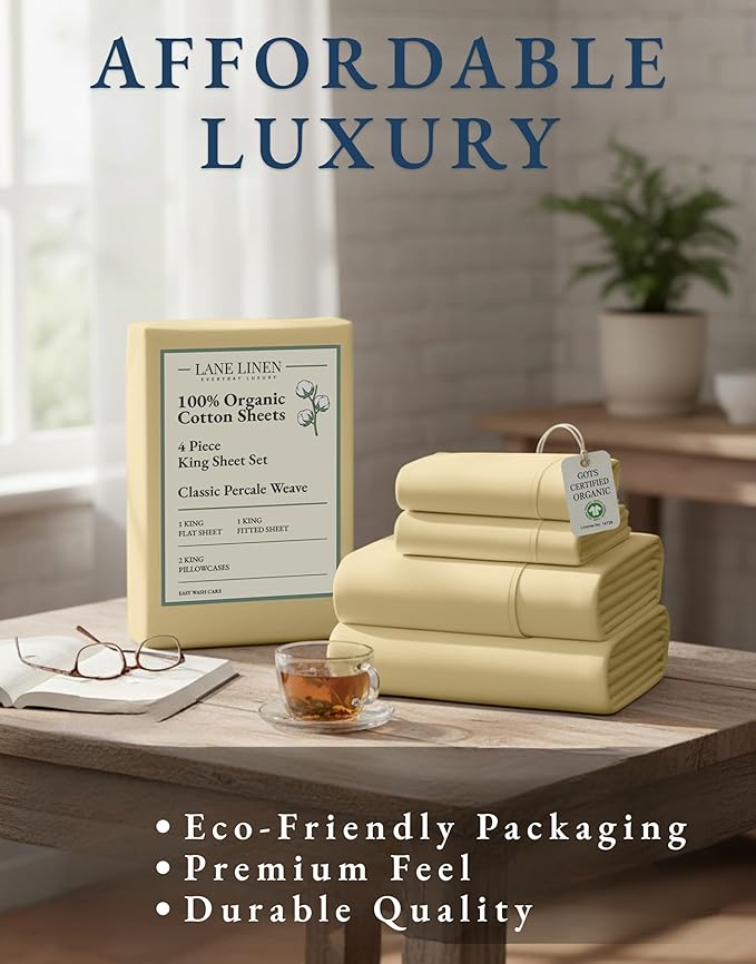 LANE LINEN 100% Organic Cotton King Size Bed Sheets, All Season Soft & Comfy Fully Elasticized Mercized Cotton King Sheets, 15" Deep Pocket Luxury Bed Sheets King Size- Vanilla
