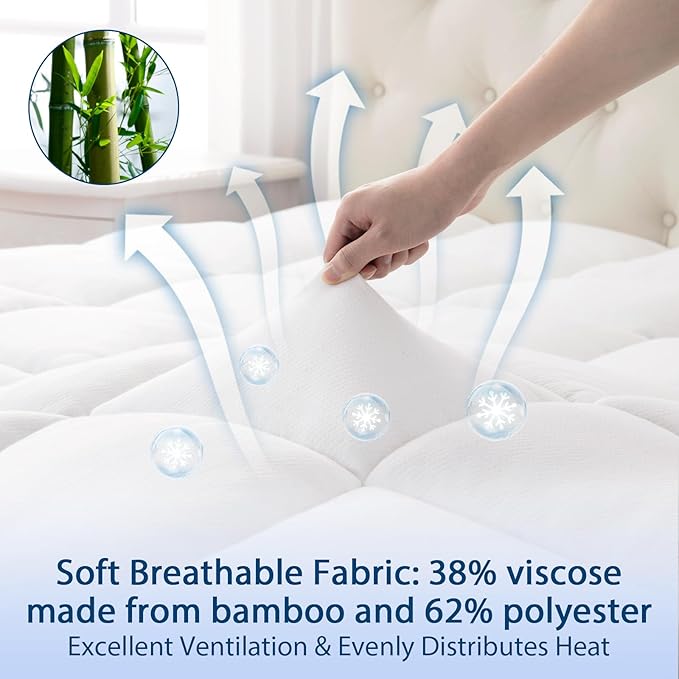 ELEMUSE California King Cooling Bamboo Viscose Mattress Topper for Back Pain, Extra Thick Mattress Pad Cover, Plush Soft Pillowtop with Elastic Deep Pocket, Overfilled Down Alternative Filling
