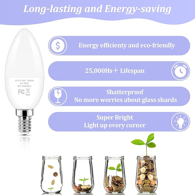 Brightever LED Candelabra Light Bulbs 40W Equivalent, 4W Candle Light Bulbs with Small E12 Base, Neutral White 4000K Ceiling Fan Lightbulbs, Type B Bulb for Wall Sconces, Non-Dimmable, Pack of 6