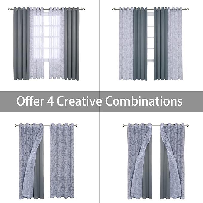 BONZER Mix and Match Curtains - 2 Pieces Branch Print Sheer Curtains and 2 Pieces Blackout Curtains for Bedroom Living Room Grommet Window Drapes, 54x63 Inch/Panel, Light Grey, Set of 4 Panels