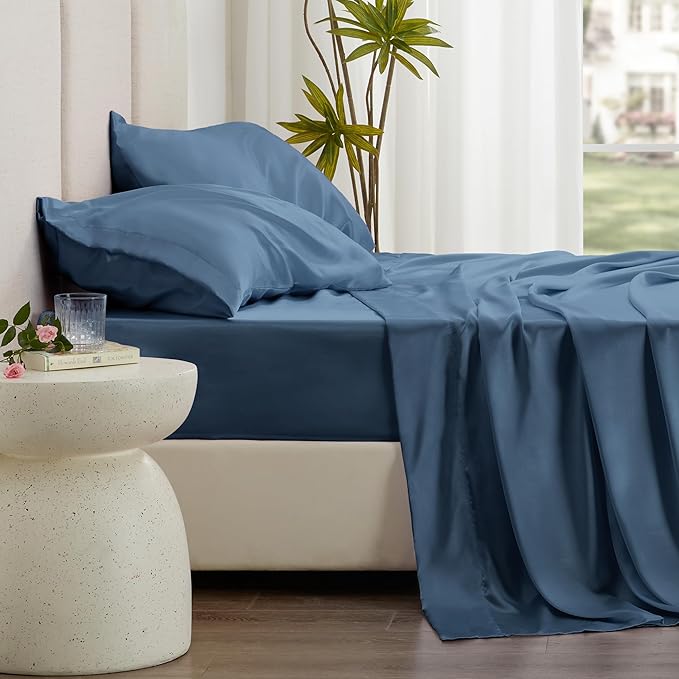 Love's cabin Satin Queen Sheets Set - 4 Piece Ash Blue Silky Bed Sheets Set with Deep Pocket, Luxury Silk Feel Satin Queen Size Sheet Set (1 Flat Sheet,1 Fitted Sheet,2 Pillow Cases)