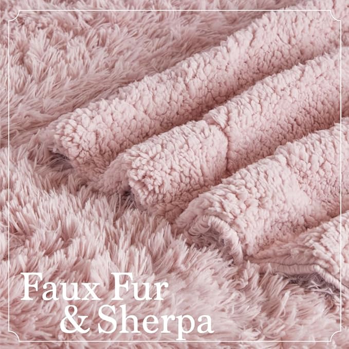 The Connecticut Home Co Bedding Blanket, Queen 90x90, Soft Fluffy Room Decor, Cozy Warm Throws for Bed, Gifts for Women, Bedroom Cute Aesthetic Blankets Shag and Sherpa Dusty Rose