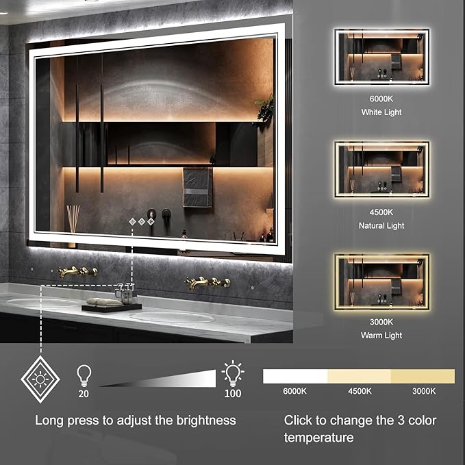 Lighted Vanity Mirror, 60x36 Inch Gradient Front and Backlit LED Mirror for Bathroom, 3 Colors Dimmable CRI>90 Double Lights, Enhanced Anti-Fog, Hanging Plates Wall Mount LED Light Mirror
