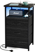Fixwal Night Stand with Charging Station, LED Nightstand with Fabric Drawers, End Table with PU Finish, Bed Side Table, Black Oak