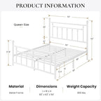 SHA CERLIN 14'' Queen Size Metal Platform Bed Frame/Victorian Headboard and Footboard/Steel Slats Mattress Foundation for Storage/No Box Spring Needed/Noise Free/White