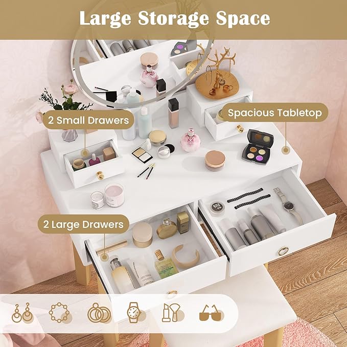 CHARMAID Vanity Desk with Mirror and Lights, White Makeup Vanity Desk with 4 Drawers, 3 Color Lighting Modes, Adjustable Brightness, Modern Dressing Table with Vanity Stool for Girls Small Bedroom