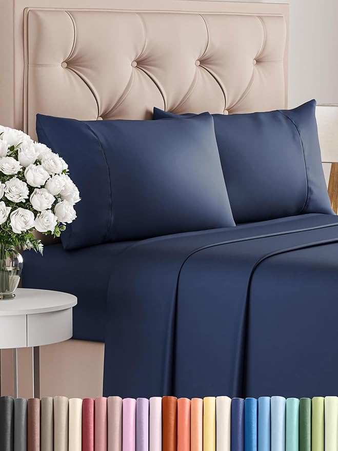 Twin XL 4 Piece Sheet Set - Comfy Breathable & Cooling - Ultra-Soft Hotel Luxury Bedding Set w/ 8-16 Inch Deep Pockets - 1 Flat & 1 Fitted Sheet & 2 Pillowcases - Wrinkle Free & Easy Care - Navy Blue