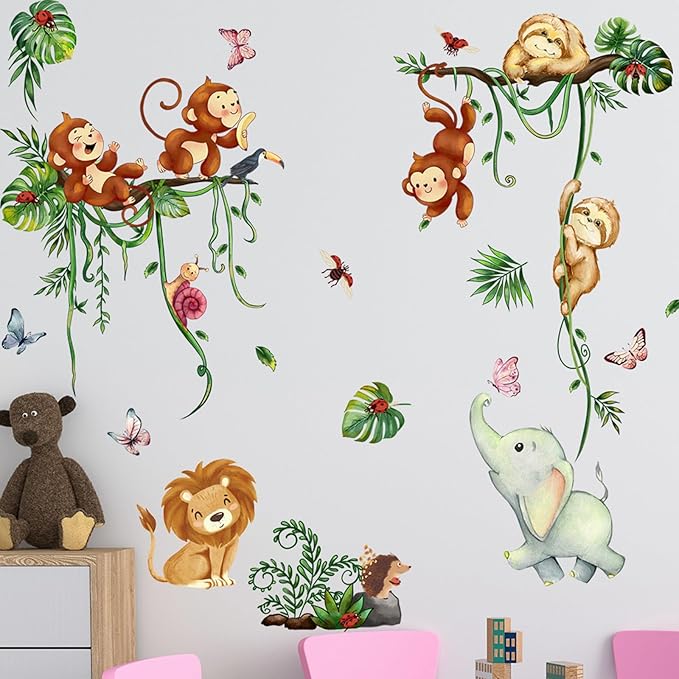 Jungle Animal Wall Stickers Forest Safari Wall Decals Kid Room Nursery Baby Bedroom Décor (Green Vine Monkey Elephant Butterfly)