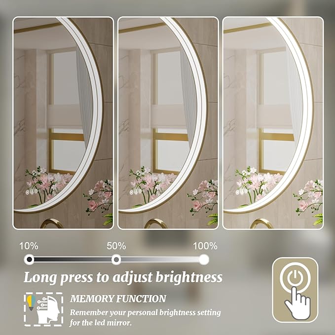 24 Inch Round LED Bathroom Mirror, Gold Metal Framed Lighted Mirror for Bathroom, Wall Mouted LED Vanity Mirror with Lights, 3 Colors and Stepless Dimmable, Anti-Fog, Memory