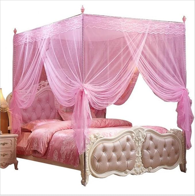 4 Corners Post Pink Canopy Bed Curtain Full Bed for Girls & Adults - 4 Opening Mosquito Net - Princess Bedroom Decoration