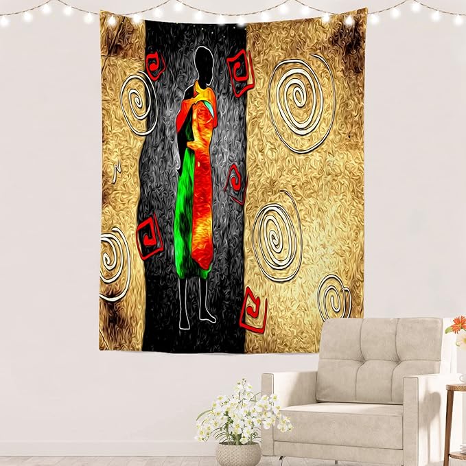 Batmerry African Ethnic Retro Tapestry,Vintage Motive Oil Landscape Fashion Wall Art Hanging Decoration Polyester Fiber White Ruffled Around for Dorm Room Bedroom Living Room, 59.1x51.2 inches