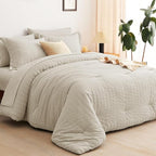 CozyLux King Size Comforter Set Oatmeal Seersucker 7 Pieces Bed in a Bag King Comforter Set with Sheets, Luxury Bedding Set with Down Alternative Comforter, Sheets, Pillowcases & Shams All Seasons