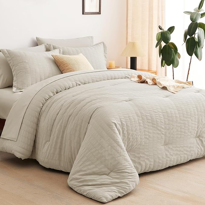 CozyLux King Size Comforter Set Oatmeal Seersucker 7 Pieces Bed in a Bag King Comforter Set with Sheets, Luxury Bedding Set with Down Alternative Comforter, Sheets, Pillowcases & Shams All Seasons