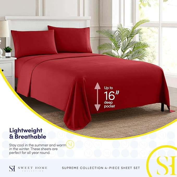 California King Sheet Sets - Breathable Luxury Sheets with Full Elastic & Secure Corner Straps Built In - 1800 Supreme Collection Cal King Deep Pocket Bedding Set, Sheet Set, California King, Red