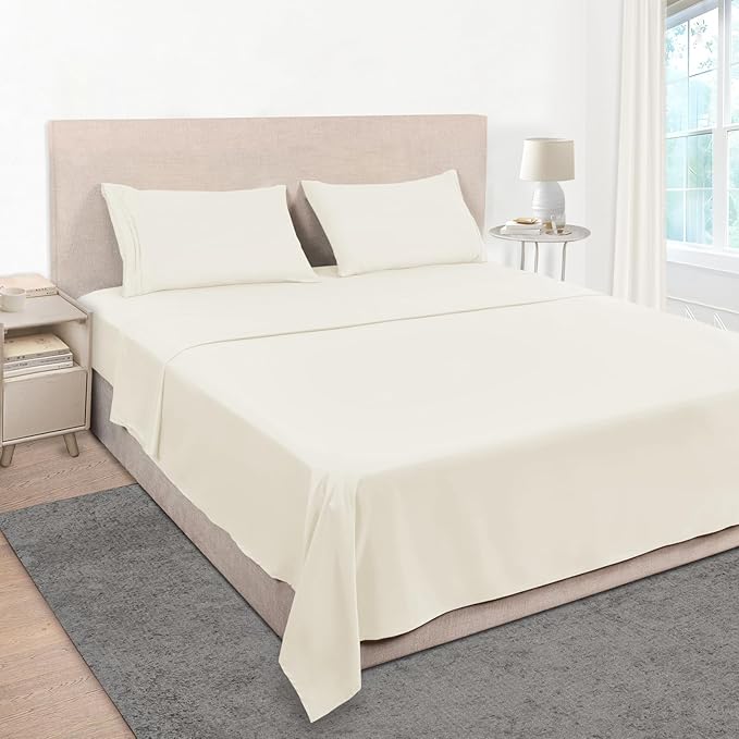 Mejoroom King Size Bed Sheet Set - Hotel Luxury 1800 Bedding Sheets & Pillowcases - 16" Deep Pocket Fitted Sheet, Soft, Breathable, Wrinkle & Fade Resistant - 4 Piece(King, Ivory)
