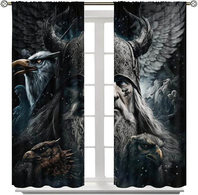Fantasy Norse Viking Curtains for Bedroom - Cool Gothic Vintage Vikings Mystical Symbol Eagle Window Drapes,Energy Saving Thermal Insulated Rod Pocket Bedroom Blackout Curtains 2 Panels 63L x 27.5W