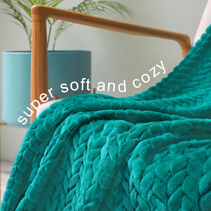 Exclusivo Mezcla Fleece Queen Size Blanket for Bed, 90x90 Inches Soft Cozy Jacquard Flannel Blankets, Lightweight Fuzzy Plush Warm for Winter, Teal
