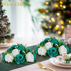 NUPTIO Flower Wedding Centrepieces for Tables - 6 Pcs 9.5in Diameter Teal & White Artificial Flowers Rose Ball for Centerpieces Table - Fake Rose Arrangements for Weddings Birthday Party Decorations