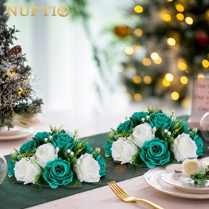 NUPTIO Flower Wedding Centrepieces for Tables - 2 Pcs 9.5in Diameter Teal & White Artificial Flowers Rose Ball for Centerpieces Table - Fake Rose Arrangements for Weddings Birthday Party Decorations