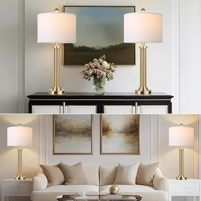 28" Tall Modern Table Lamps Set of 2 with USB C+A Ports and AC Outlet, 3 Way Touch Metal Bedside Lamps for Living Room, Gold Nightstand Lamps for Bedroom