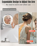 30X/1X Wall Mounted Lighted Makeup Mirror, 8'' Double Sided Rechargeable Magnifying Bathroom Mirror with Light, 3 Color Lights Touch Dimmable Extended Arm 360 Rotation Light up Mirrors