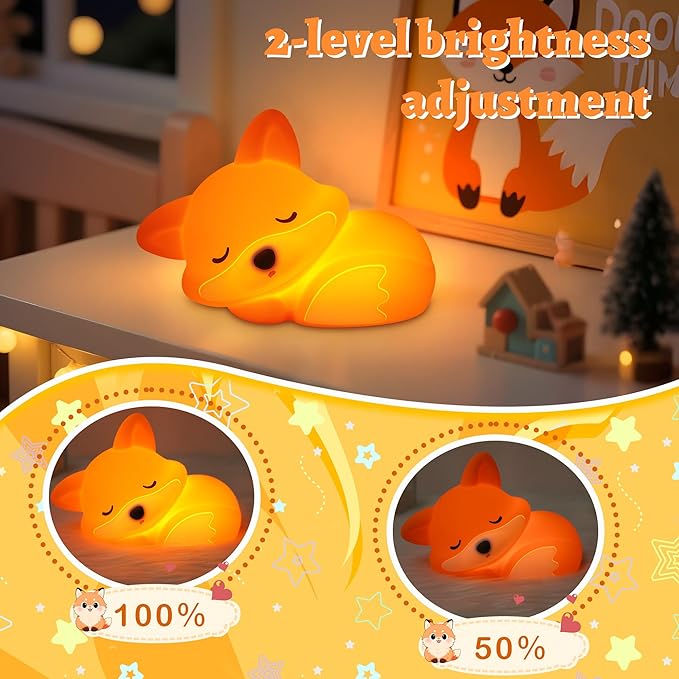 Fox Night Light for Boys Girls, Dimmable Squishy Fox Silicone Animal Lamp, Cute Foxes Gifts Decor Nightlight for Birthday Xmas Gifts