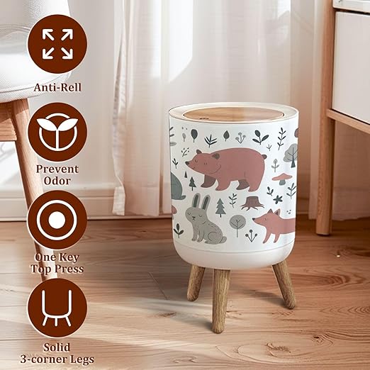 Small Trash Can with Lid Hand Drawn Colored Children s Set Cute Forest Animals Scandinavian Garbage Bin Pet Proof Waste Basket for Kitchen Bathroom Office Bedroom Decorative 1.8 Gallon