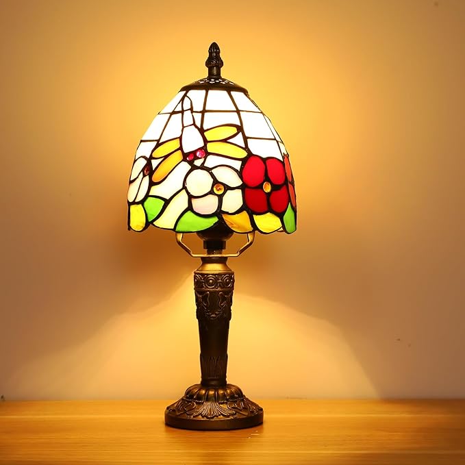 Tiffany Small Lamp Baroque Stained Glass Table Lamp 3 Way Color-Temparetures Bedside Nightstand Table Lamps for Bedroom Living Room Home Office Desk Light W/LED Bulb 6X6X12.5Inch