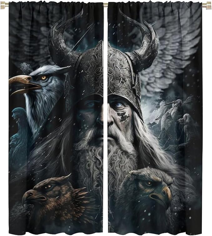 Fantasy Norse Viking Curtains,Cool Gothic Vintage Vikings Mystical Symbol Eagle Window Treatments Thermal Insulated Rod Pocket Blackout Drapes for Bedroom 2 Panels 54L x 21W