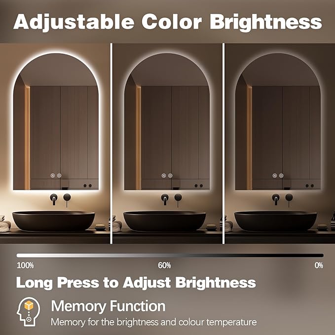 Niccy Arched LED Bathroom Mirror, 51x27 Inch Arch Frameless Backlit Mirrors for Wall Arched Lighted Vanity Mirrors Defogger and 3 Color, Explosion-Proof, HD Glass and IP65 Waterproof