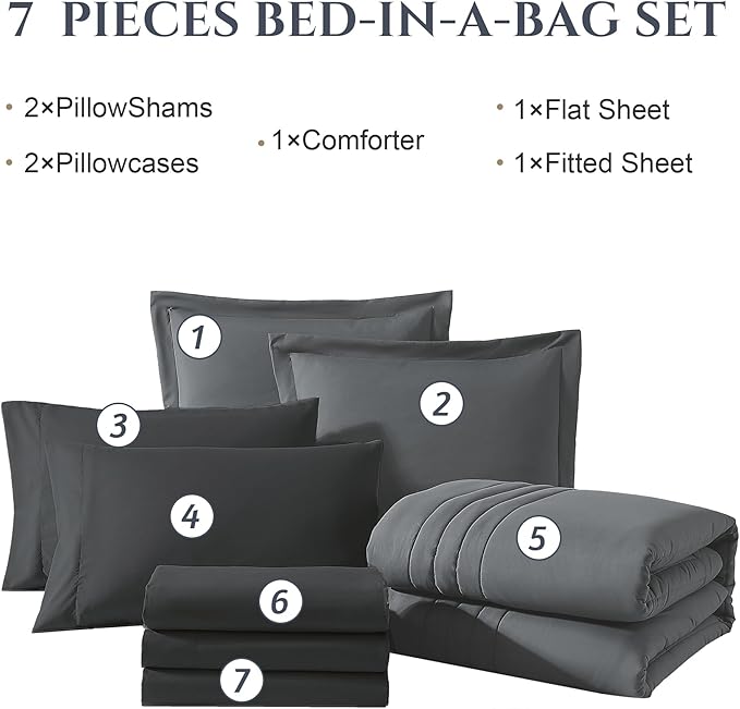 Monbix California King Size Comforter Set - 7 Pieces Bed in a Bag California King, Grey Bedding Sets with Comforter, All Seasons Down Alternative Comforter Bed Set with Sheets, Pillowcases & Shams
