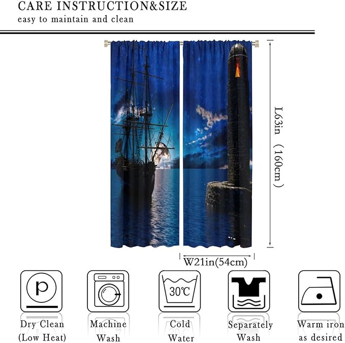 Pirate Ship Curtains, Nautical Sailboat Sailing Ocean Adventure Full Moon Cloudy Night Sky Old Lighthouse Print Blackout Window Treatments for Bedroom Living Room 42x63in