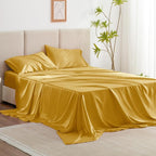 Love's cabin Satin Queen Sheets Set - 4 Piece Gold Silky Bed Sheets with Deep Pocket, Luxury Silk Feel Satin Queen Size Sheet Set (1 Flat Sheet,1 Fitted Sheet,2 Pillow Cases)