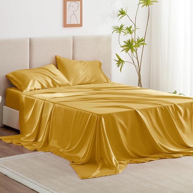 Love's cabin Twin Satin Sheets Sets - 3 Piece Gold Silky Bed Sheets with Deep Pockets, Luxury Silk Feel Satin Twin Size Sheet Set Bedding Set (1 Flat Sheet,1 Fitted Sheet,1 Pillow case)