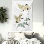 Lunarable Bird Tapestry Twin Size, 2 Japanese Cranes Flying Traditional Painting Style Far Eastern Illustration, Wall Hanging Bedspread Bed Cover Wall Decor, Twin Size, Ivory Green Black