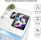 Fixwal White Nightstand with Charging Station, LED Night Stand with 3 Fabric Drawers and Open Shelf, Bedside End Table in Living Room