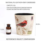 PU Leather Small Trash Can Wastebasket, Round Garbage Container Basket for Bathrooms, Laundry Room, Kitchens, Offices, Kids Rooms, Bedrooms,Dorms,Home Decorative Art Bin, 2.9 Gallon(Bird Design)