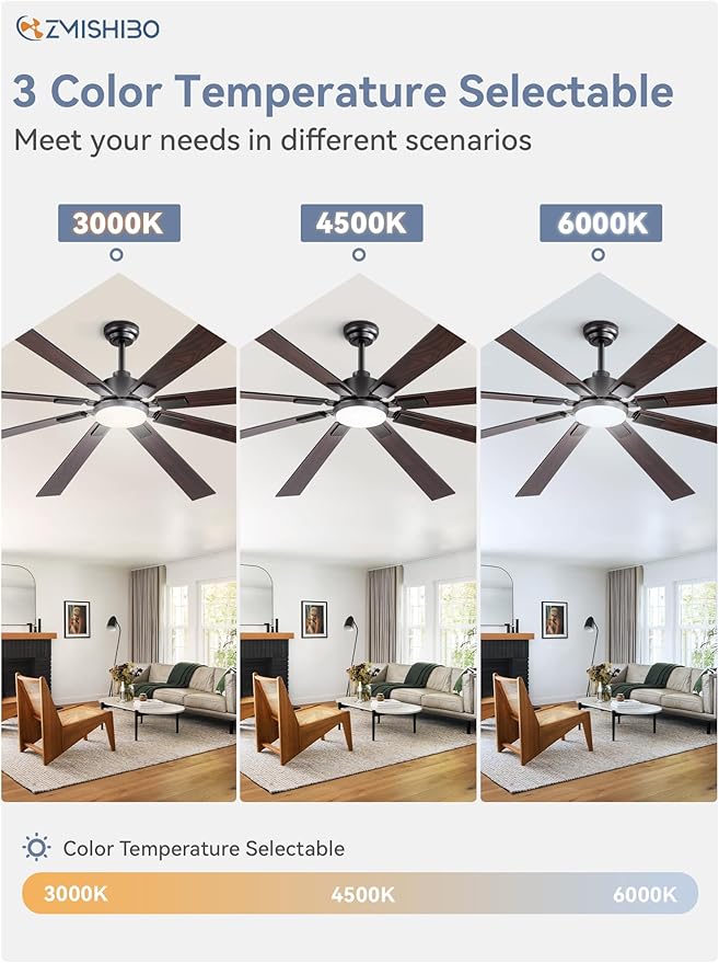 ZMISHIBO 80 inch Large Ceiling Fans with Lights and Remote, Indoor/Outdoor Black Modern Ceiling Fan for Kitchen Living Room Patio, 6 Speed Reversible Quiet DC Motor, 3 CCT, Dual Finish 8 Blades
