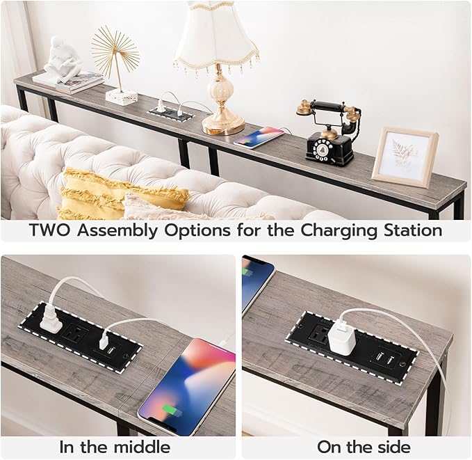 HOOBRO 63" Narrow Console Table with Charging Station, 5.9" Sofa Table with 2 Power Outlets and USB Ports, Long Entryway Tables Behind Couch Table, for Hallway, Livingroom, Greige and Black BG165UXG01