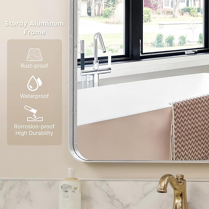 20x16"Bathroom Vanity Mirror for Wall, Aluminum Framed, Farmhouse Rectangle, Anti-Rust, HD Reflection Anti-Desilvering, Distortion Free, Tempered and Shatter-Proof Wall Mounted Mirror, Silver