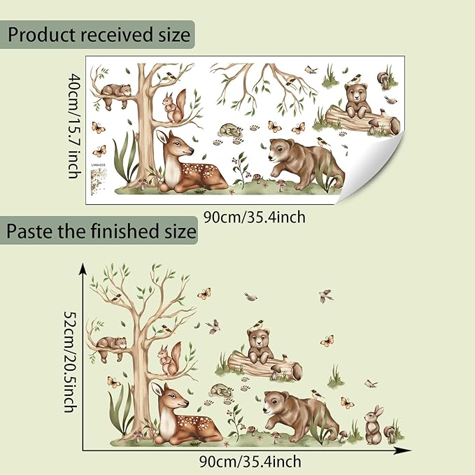 Jungle Animal Wall Stickers Forest Safari Wall Decals Kid Room Nursery Baby Bedroom Décor (Bear Spotted Deer Tree)