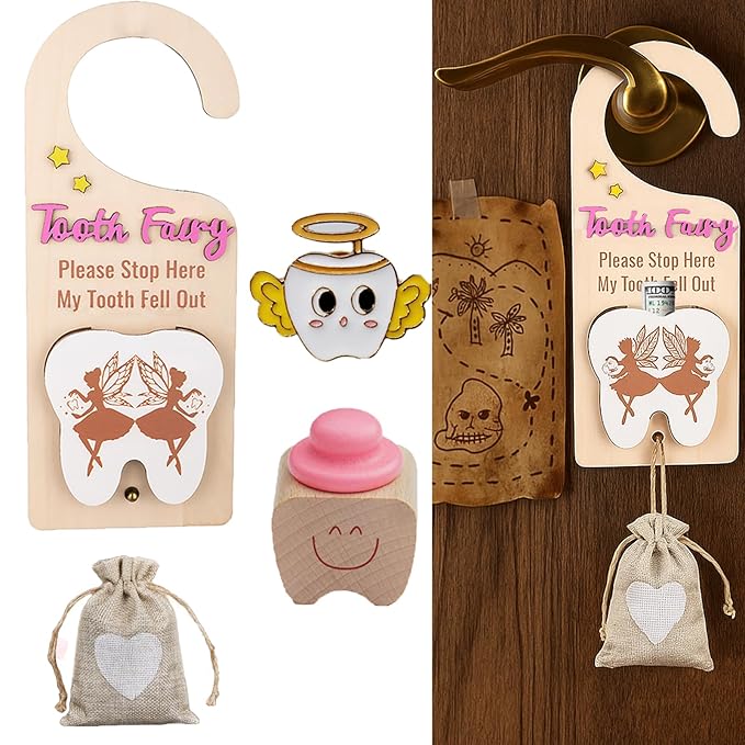 4Pcs Tooth Fairy Door Holder - Wooden Door Hanger Gift Set with Keepsake Box and Bag & Reward Badge, Gifts and Bedroom Decorations Suitable for Lost Teeth Girls and Boys