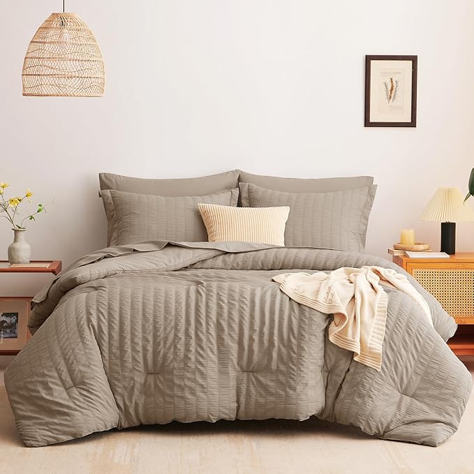 CozyLux King Size Comforter Set Khaki Seersucker 7 Pieces Bed in a Bag King Comforter Set with Sheets, Luxury Soft Bedding Set with Down Alternative Comforter, Sheets, Pillowcases & Shams All Seasons
