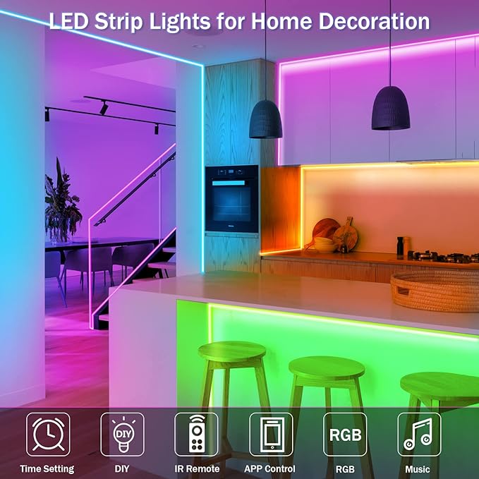 KEELIXIN 130ft Led Lights,Long Led Lights for Bedroom,5050 RGB LED Strip Lights with Remote & Bluetooth App Control Sync with Music,Luces Led para Cuarto,LED Light Strip for Room,2 Rolls of 65ft