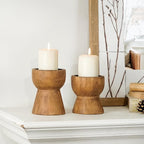 NIKKY HOME Farmhouse Wooden Candle Holders Set of 2, Rusitc Solid Wood Pillar Candlesticks Pedestal, Fireplace Mantle Table Centerpiece Decor, Brown
