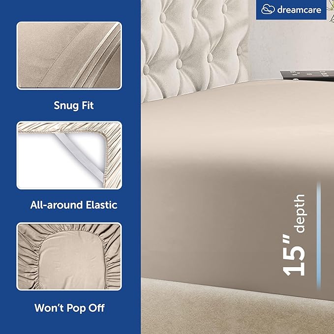 DREAMCARE King Size Sheets Set - Cooling Bed Sheets - 4pcs Set - up to 15" Deep Pocket King Sheet Set – Soft & Long Lasting Cooling - 100% Fine Brushed Microfiber with Side Pocket - Beige