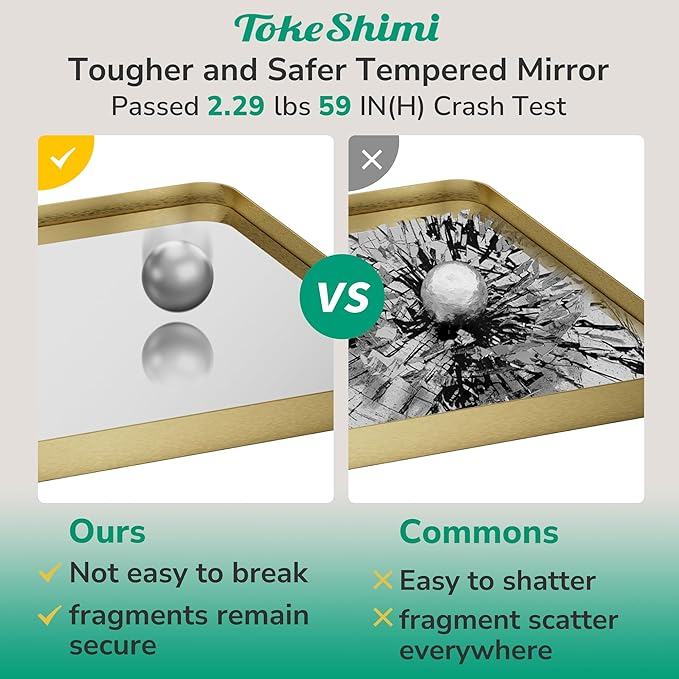 TokeShimi 42x36 Brushed Gold Bathroom Mirror for Over Sink,Bathroom Vanity Mirror with Tempered Glass, Modern Framed Wall Mirrors(Horizontal/Vertical)