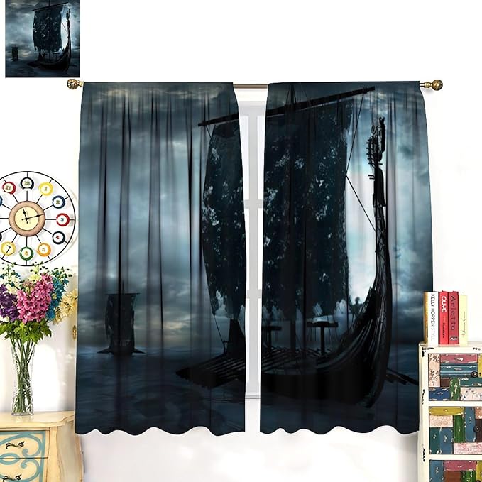 Viking Ship Curtains, Night Scene with Black Vikings Dragon Ship Sailing, Vintage Ancient Scandinavian Nautical Print Blackout Window Drapes for Boys Bedroom Living Room 84x84in