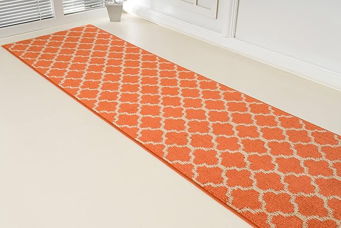 Custom Size Moroccan Trellis Runner Rug Mat for Wide Hallway Entryway Kitchen Laundry Room with Slip Resistant Latex Rubber Backing, Trellis Orange, 31 inch X 15 feet