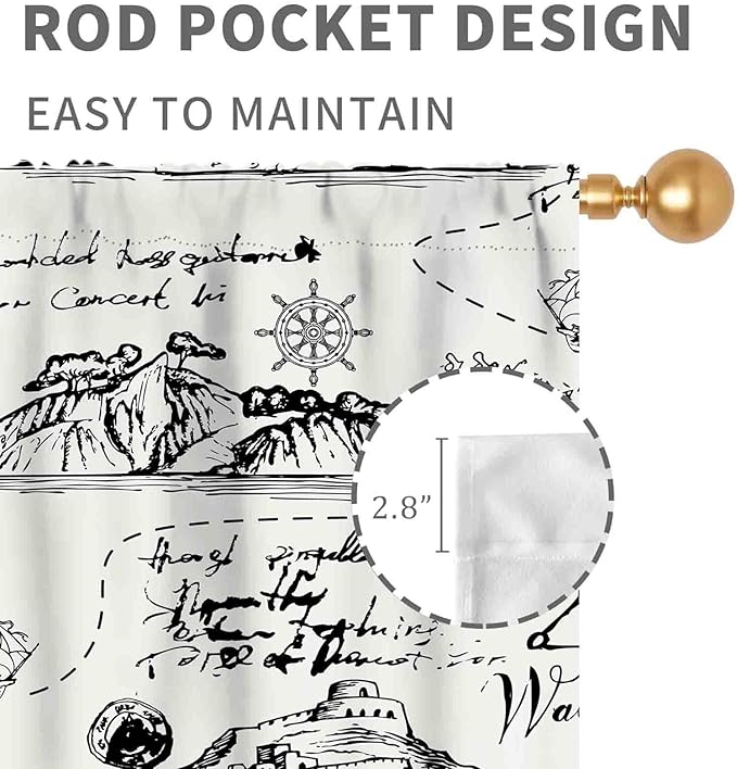 Vintage Nautical Curtains, Marine Coastal Sailboat Compass Anchor Ocean Beach Old Pirate Map Retro Window Drapery Treatments for Bedroom Living Room Kitchen Bathroom 2 Panels, 84"x84" Inch